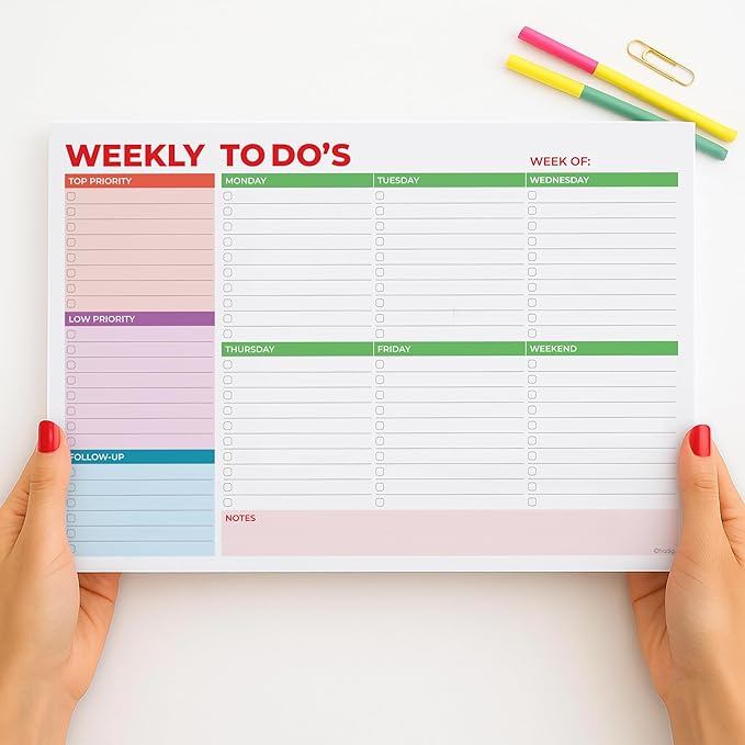 Weekly Planner Notepad, Weekly To Do List Notepad, Tear Off Undated Weekly Planner Pad, 11.5" x 8", Premium Thick Paper with Cardboard Back Support, Desk Planner for Office & Home, Vivid Color Design.