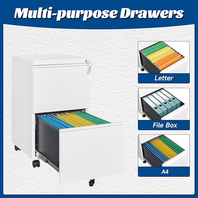 Fesbos 2 Drawers Vertical File Cabinet - Fully Assembled White Under Desk Mobile Filling Cabinet Small Lockable Home Office File Cabinets for A4/Letter/Legal Size