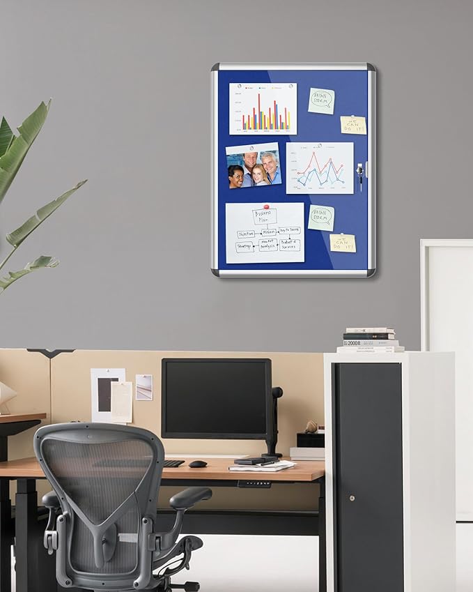 Mifuro 26"x20" Enclosed Bulletin Board, Lockable Weather-Resistant Aluminum Cork Noticeboard for School & Office, Silver Frame w/Blue Flet