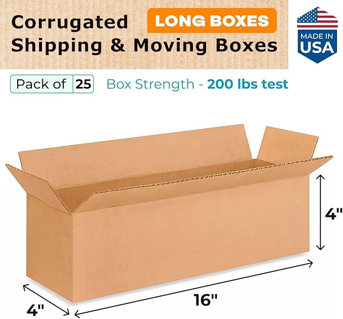 IDL Moving & Shipping Boxes - 16"L x 4"W x 4"H (25-Pack) - Extra Strength 200 lb Corrugated Boxes for USPS & UPS & FedEx