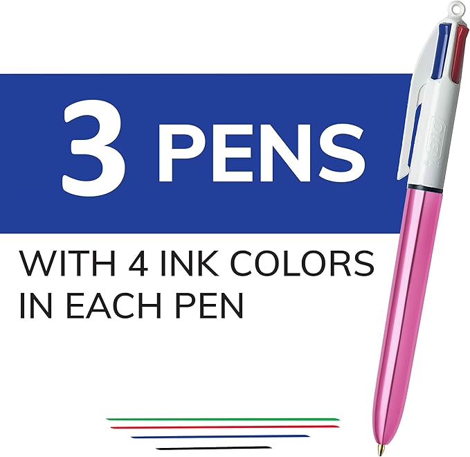 BIC 4 Color Shine Retractable Ballpoint Pen with 1.0 mm Point and Wide Barrel, 3-Count in Assorted Ink