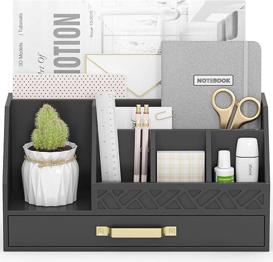 Wisuce Essentials Bamboo Desk Organizer with Drawers, Mail Organizer Countertop Wood Desk Drawer Tabletop Storage Organization Pen Holder Letter Sorter Makeup Organizer for School Home Office (Black)