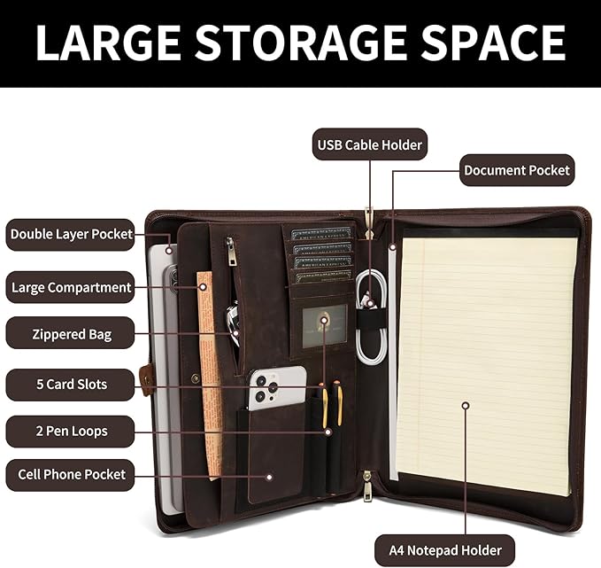 Geslun Personalized Genuine Leather Portfolio, Legal Size 8.5 x 14 Pad Holder, Custom Engraved Business Padfolio for Men Women, Zippered 14" Laptop Organizer, Professional Notepad Folio, Dark Brown