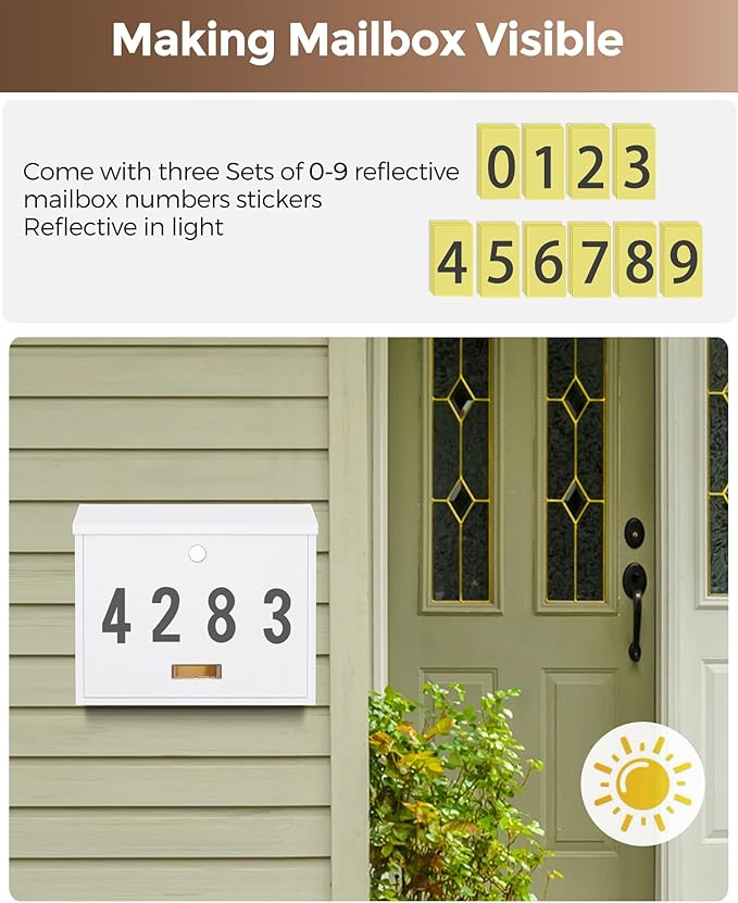 LAND·VOI Locking Wall-Mount Mailbox for Outside, with 4 Keys, Galvanized Steel Rustproof Metal Postbox, 4" Dx13.8 Wx11.2 H, Includes 3 Sets of Mailbox Numbers, Nameplate, White