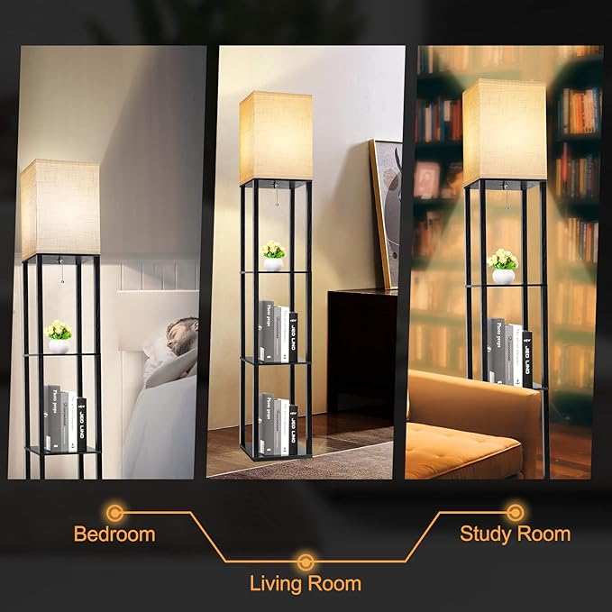 RUNTOP Floor Lamp with Shelves, Shelf Lamp with 3 Color Temperature LED Bulb,Floor-Lamp for Living Room, Modern Tall Standing Display Shelf Floor Lamps for Bedroom, Office (Black)