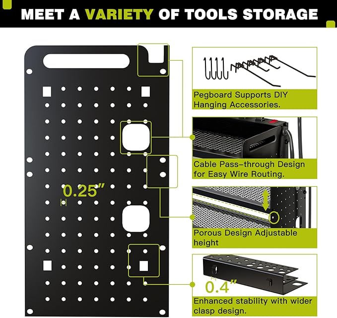 NattyDot Power Tool Organizer Wall Mount with Charging Station,Cordless Tool Organizer 8 Drill Holder, 4 Layer Storage Rack for Garage Organization,Tool Holder with 8 Outlet Power Strip (Black)
