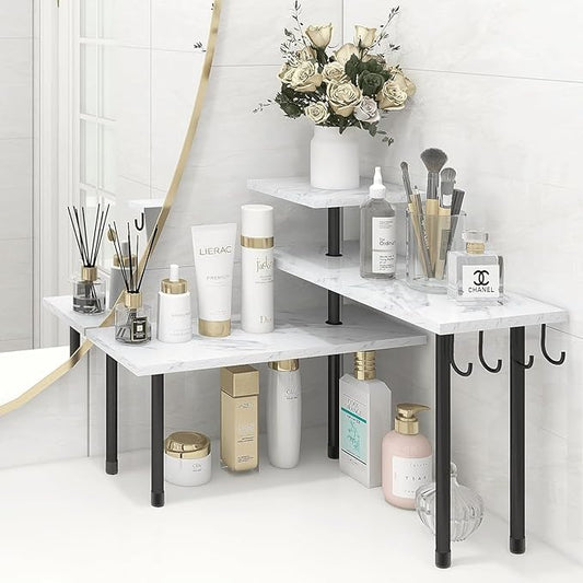 Homode Bathroom Counter Corner Shelf, 3 Tier Kitchen Countertop Organizer for Over The Sink, Make Up, Dresser Table, White Marble