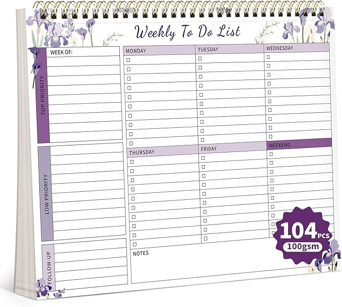 ALKALO 104 Pgs Weekly To Do List Notepad, 52 Duplex-Printed Undated Sheets 100 GSM（8.5"×11") Weekly Desk Planner For Work Home School Office Desk Accessories Supplies & Goal Setting Tasks - Purple Iris