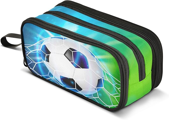 BOENLE Soccer Football on Field Pencil Case Box Boys Girls Large Pencil Pouch with Zipper Compartments Big Capacity Stationery Pen Bag Organizer for Kids Teens Adults School