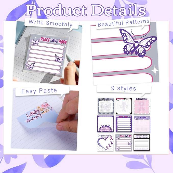 Lovarywow Domestic Violence Awareness Sticky Notes Gifts, 9 Pack Domestic Violence Prevention Month Notepads 3x3 Inch, Purple Ribbon Post Memo Pads Office School Supplies for Men Women (450 Sheets)