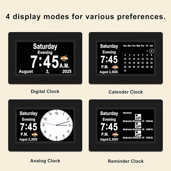 SSYA Dementia Clocks with Day and Date for Seniors,13 Alarms Custom Reminders, Extra Large Digital Calendar Clock for Elderly. (Black)