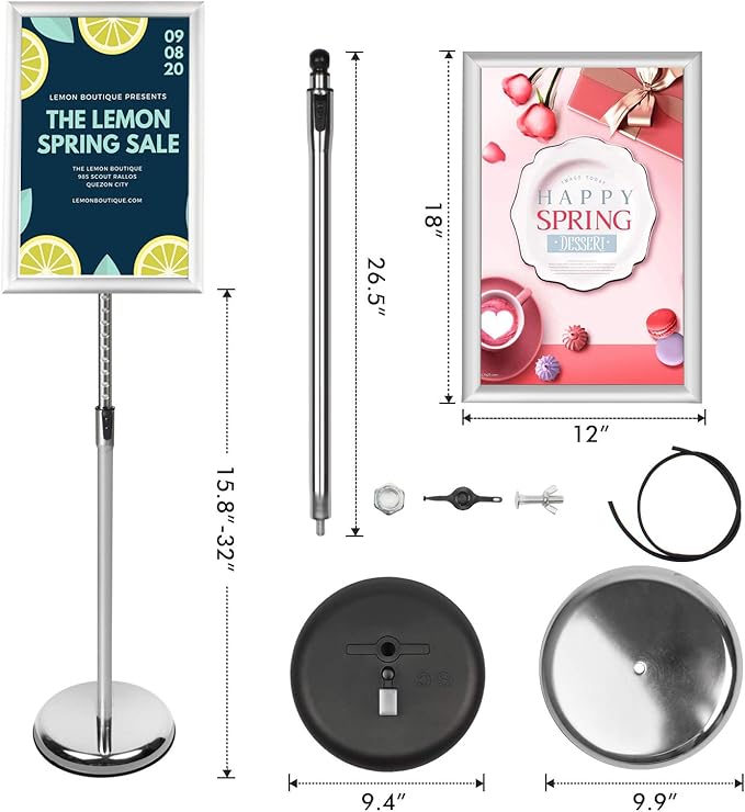 DISPLAYSWORKER Adjustable Poster Sign Stand,Floor-Standing Sign Holder with Heavy Duty Pedestal,Aluminum Snap-Open Frame for 8.5 x 11 Inch, Silver (8.5 x 11)