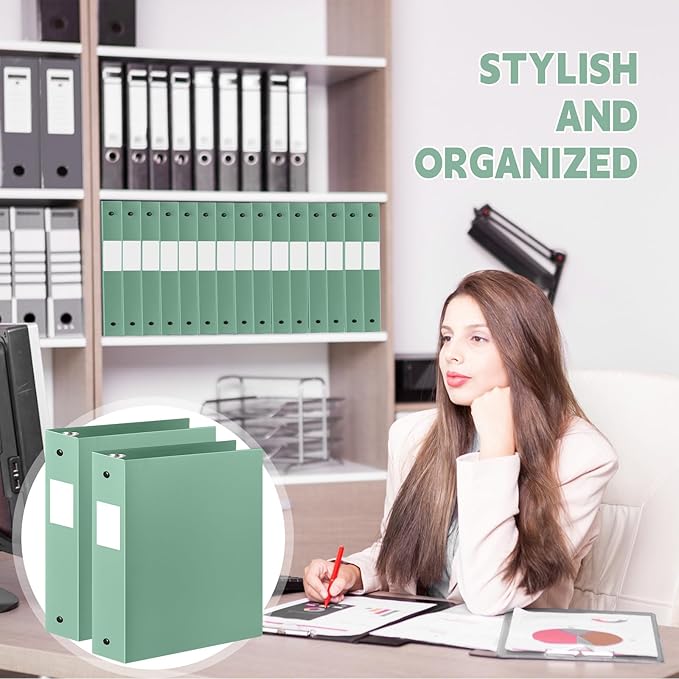 Henoyso 12 Pcs 3 Ring Binder 2 Inch Round Fits Letter Size 8.5'' x 11'' Paper Plastic Flexible Binder Bulk Holds 490 Sheets with 1 Pockets Versatile Organizer for Home Office School (Sage Green)