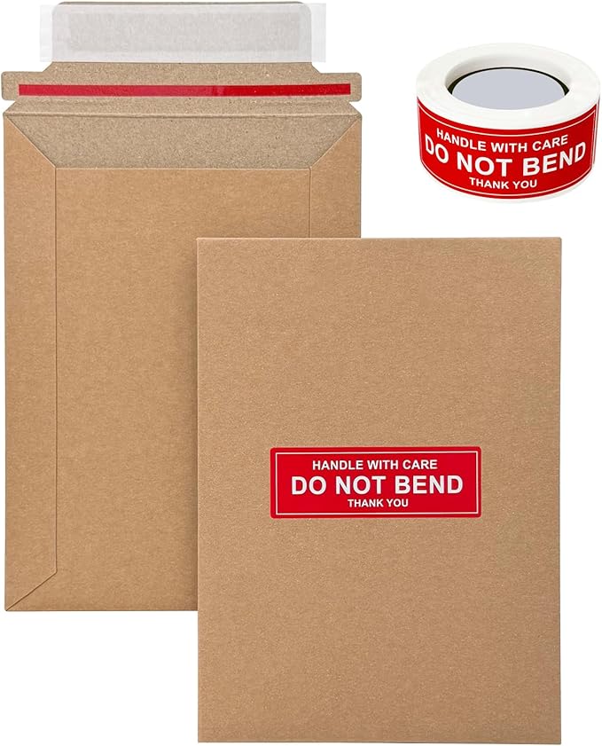 Neehows 100 Pack 5x6.9" Rigid Mailers Cardboard Envelopes, 400GSM Kraft Photo Mailers Shipping Envelope with "DO NOT BEND" Labels, Small Stay Flat Self Seal Document Envelope for Trading Cards- Brown