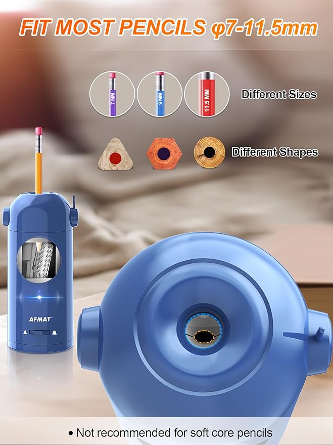 AFMAT Electric Pencil Sharpener, Fully Automatic Pencil Sharpener for 7-11.5mm Colored/Jumbo Pencils, Auto in & Out, Rechargeable Hands-Free Pencil Sharpeners for Classroom Home Office PSX5, Blue