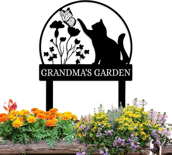 Personalized Garden Sign | Custom Cat Garden Stake Sign | Funny Garden Signs Decorative | Garden Signs to Personalize | Cat Butterfly Yard Sign Pet Outdoor Sign | Animal Metal Sign Plaque