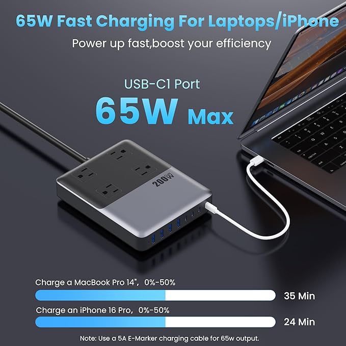 12-in-1 Charging Station USB C Power Strip with 5ft Cord and Plug,200W GaN IV USB C Charger Block,4 AC Outlets,8 USB for MacBook,iPhone 17/16/15,Fast Charging Desktop Charger for Office,Home