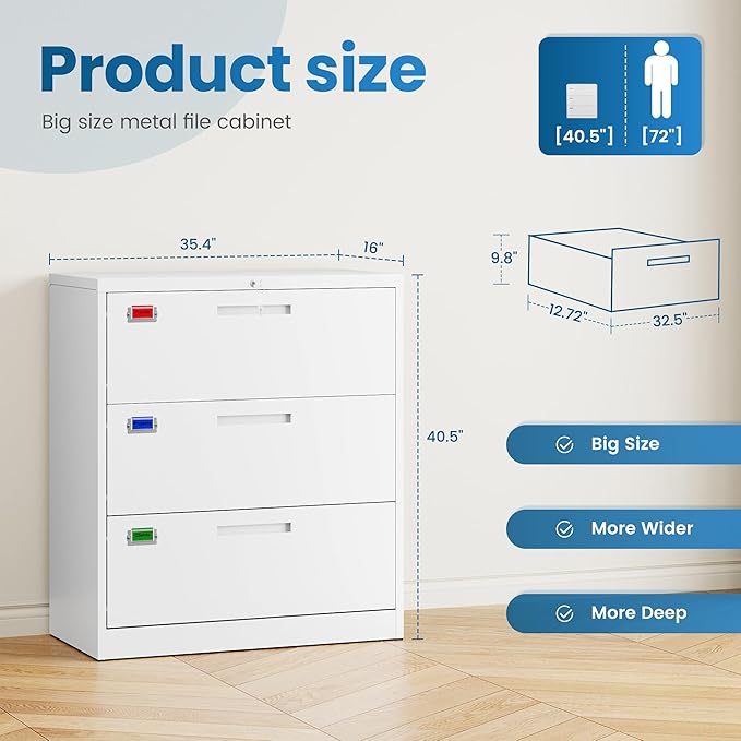 PEUKC 3 Drawer File Cabinet, Lateral Filing Cabinets for Home Office, Office Storage Drawers with Lock, Hanging Files Legal/Letter A4 Size (Assemble Required,White)