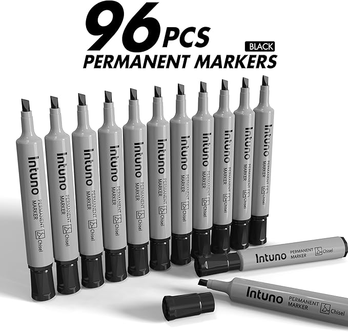 INTUNO Permanent Markers, 96 Count Black, Chisel tip, Oil-Based Permanent Markers, Waterproof and Fade-Resistant, for Paper, Wood, Metal, Glass and More