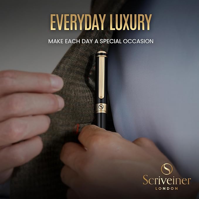Scriveiner Luxury Fountain Pen - Stunning Black Lacquer Pen, Real Gold Finish, Schmidt Gilded Nib (Extra Fine), Converter, Best Pen Gift Set for Men & Women, Professional, Executive, Office, Nice Pens