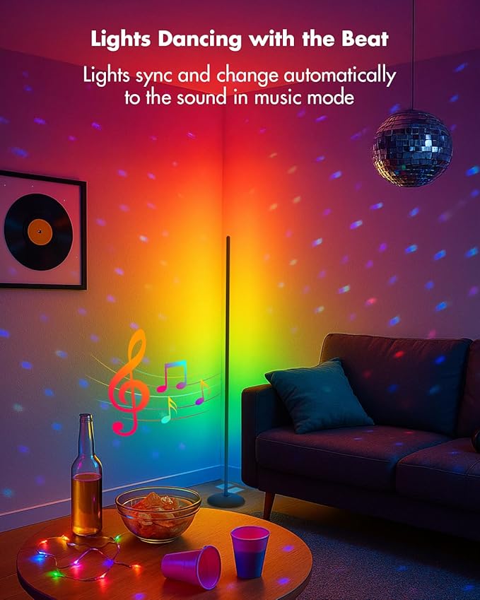 Vexinat Corner Floor Lamp, Smart RGB LED Corner Lamp with App & Remote, Modern Floor Lamp with 16 Million Colors, Music Sync, Scene Modes, Color Changing Standing Lamps for Living Room, Bedroom