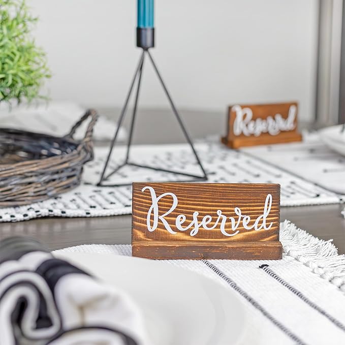 Darware Wooden Reserved Signs for Tables (6-Pack, Brown); Rustic Real Table Signs with Sign Holders for Weddings, Special Events, and Restaurant Use