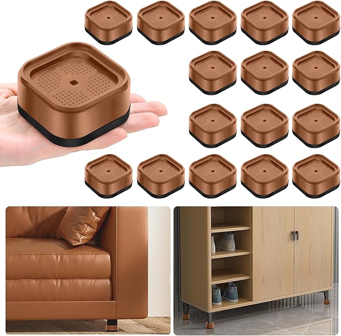 shouwuhho 16 Pack Furniture Risers Adjustable Bed Risers Heavy Duty Lifts Height 1", Square Stackable Bed Risers 1, 2 or 3 Inch for Desk Leg Table Couch Sofa Chair Bed Frame Legs Dorm, Brown