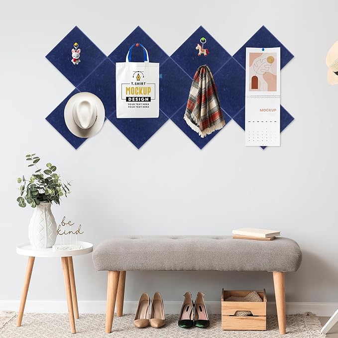 Smarpau Large Cork Board for Walls, 12 Pack Square Bulletin Board, 48"x36" Pin Board with Pushpins Removable Security Stickers, Felt Wall Tiles for Office Home Decoration-Deep Blue