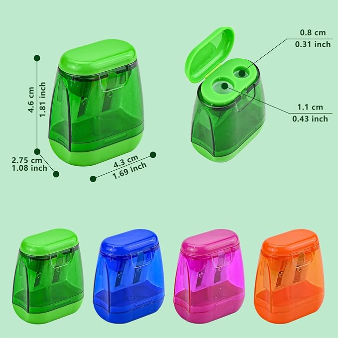 AUSTARK 24Pcs Pencil Sharpener Manual, Assorted Color Small Dual Hole Pencil Sharpeners Bulk with Lid for School Office Home (Geometry-24)