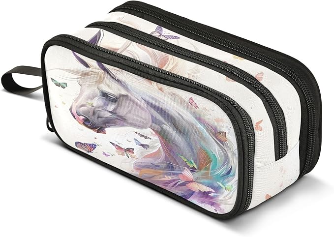 BOENLE White Horse Butterflies Pencil Case Box Boys Girls Large Pencil Pouch with Zipper Compartments Big Capacity Stationery Pen Bag Organizer for Kids Teens Adults School
