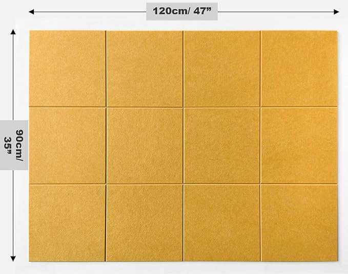 DECORITA Felt Wall Tiles | Large Cork Board Alternative | Aesthetic Felt Bulletin Board for Office, Home & Classroom | Large Cork Boards for Walls Pinboard (12-Pack) | Mustard