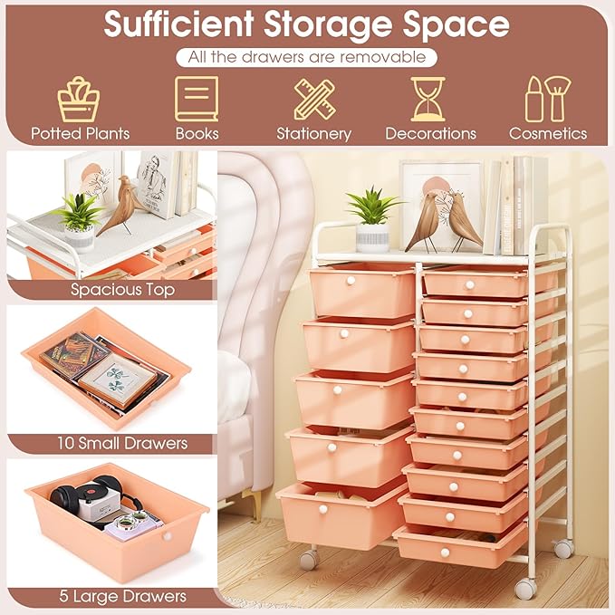 COSTWAY 15-Drawer Rolling Storage Cart, Mobile Utility Cart with Heavy-duty Frame & Lockable Wheels, Multipurpose Storage Organizer for Tools, Paper, Home, Office, School, Peach