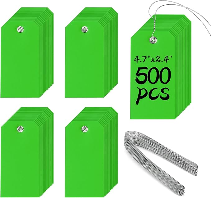 500 Pieces Plastic Shipping Tags with Wire Waterproof Hang Tags Heavy Duty Labeling Tags with String Wires Tags Labels Labeling Tags Stacking Tags for Equipment Car Parts (Green, 4 3/4 x 2 3/8)