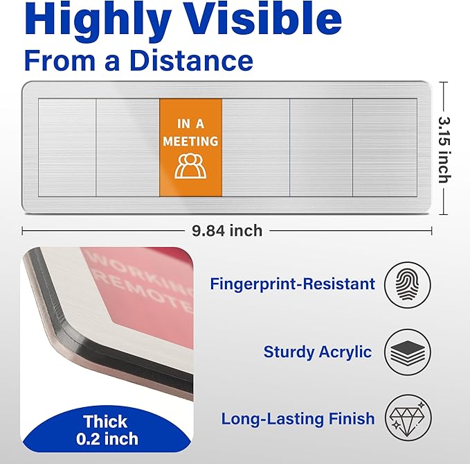 Office Door Signs with 6 Printed Status Options – Do Not Disturb, Out of Office, In a Meeting, Please Knock, Back Soon, Come on in – Includes Custom Personalized Blank Sticker for Privacy Workspace or Studio Available and Away