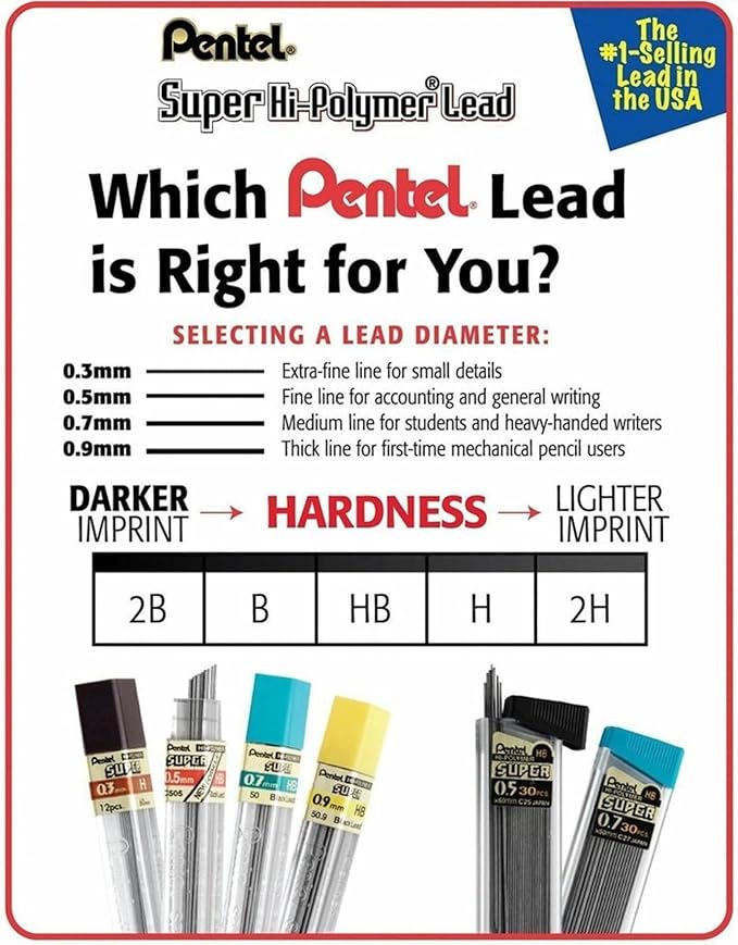 Pentel Super Hi-Polymer Lead Refills, (0.5 mm), Fine, HB, Pack of 3, 90 Pieces of Lead (C25BPHB3-K6)