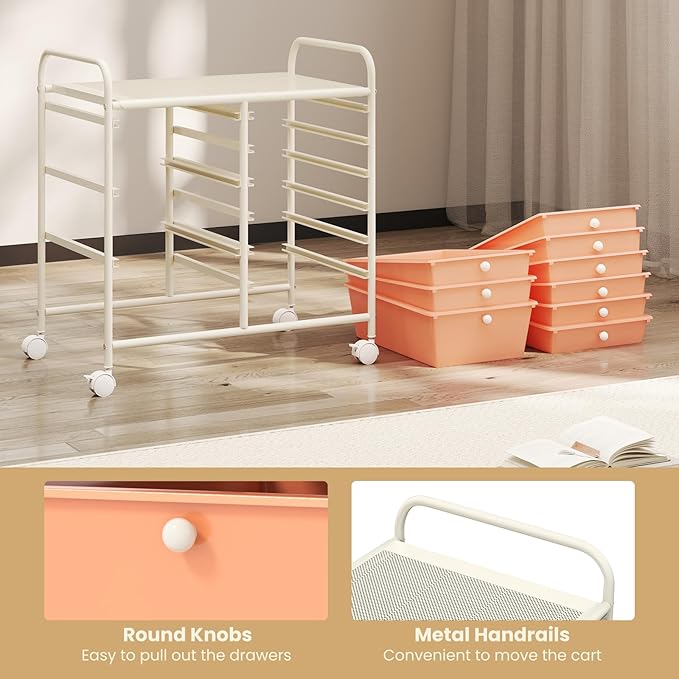 GOFLAME 9-Drawer Rolling Storage Cart, Mobile Utility Cart with Removable Drawers & Metal Frame, Art Craft Organizer Cart with Lockable Wheels, Storage Drawer Cart for Home Office School, Peach Fuzz