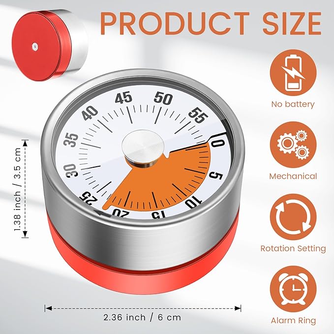 6 Pcs 60 Minute Visual Kitchen Timer Small Classroom Timers with Loud Alarm Stainless Steel Mechanical Timers for Classroom Desk Teaching Chef Countdown Egg Baking Office Cooking(Red)