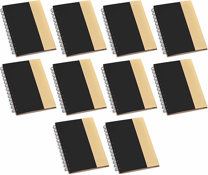 DISCOUNT PROMOS Eco Friendly Spiral Notebooks with Pens Set of 10, Bulk Pack - Perfect for School, Office, Home - Black