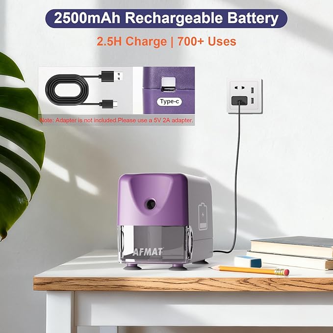AFMAT Electric Pencil Sharpener Heavy Duty, Cordless & Rechargeable, Classroom Pencil Sharpener for 6-11mm No.2/Colored Pencils, Auto Stop, Fast Sharpen, Save Pencil, 10,000 Sharpenings, Purple, PSD3
