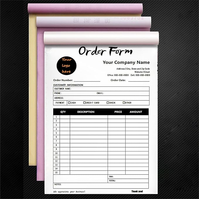 Custom Invoice Book in 3-Part /2-Part Receipt Book with Carbon Copies Personalized Carbonless Service Invoice Form Books Sales Order Book with Company Name Logo Address,B-Order Form Book with Logo