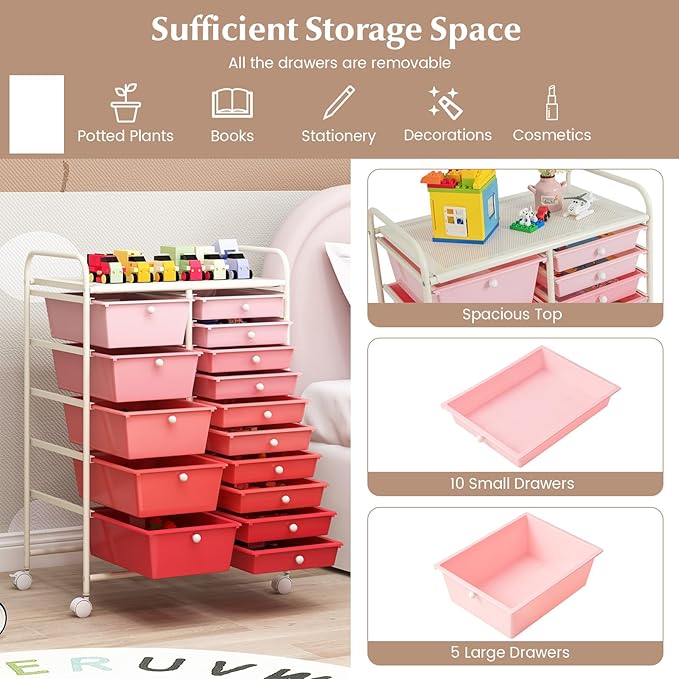 DORTALA 15-Drawer Rolling Storage Cart with Drawers, Rolling Utility Cart w/Removable Drawers & Universal Wheels, Tools Scrapbook Paper Organizer for School, Office, Home, Classroom (Gradient Pink)