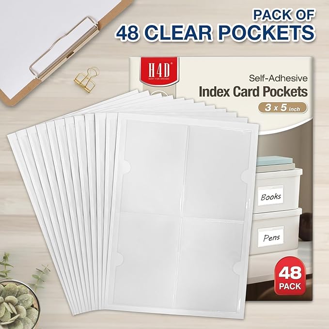 H4D 48 Pack Labels for Storage Bins, 3" x 5" Plastic Clear Adhesive Index Card Holders, Tote Label Pockets for Organizing Storage, Library Card, Shelves