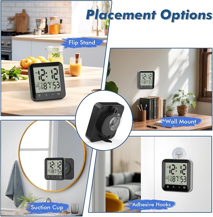 Wisoee Waterproof Shower Clock Timer, Bathroom Clock with Countdown, Touch Screen, Indoor Temperature, Suction Cup, LCD Digital Wall Clock for Bath, Kitchen