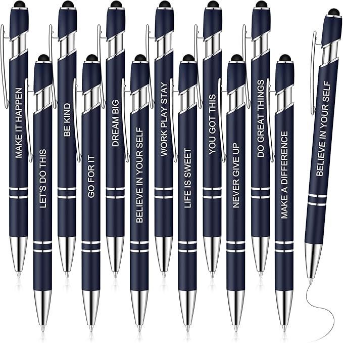Zonon 12 Pcs Inspirational Pens Bulk Funny Ballpoint Pen with Stylus Tip Motivational Gifts for Valentine's Day Teacher Coworkers Nurse School Office Supplies(Navy,Motivational Style)