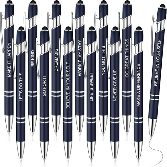 Zonon 12 Pcs Inspirational Pens Bulk Funny Ballpoint Pen with Stylus Tip Motivational Gifts for Valentine's Day Teacher Coworkers Nurse School Office Supplies(Navy,Motivational Style)