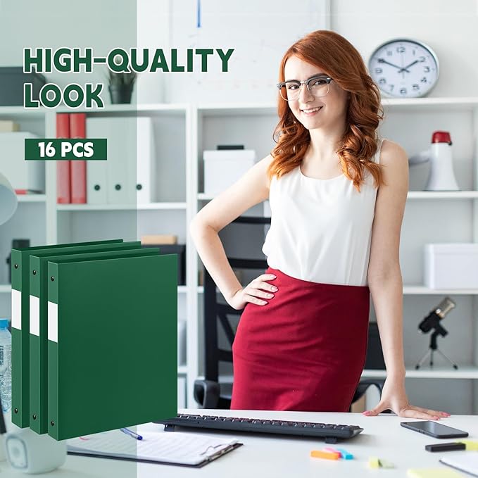 Henoyso 16 Pcs 3 Ring Binder 0.5 Inch Round Fits Letter Size 8.5'' x 11'' Paper Plastic Flexible Binder Bulk Holds 140 Sheets with 1 Pockets Versatile Organizer for Home Office School (Dark Green)