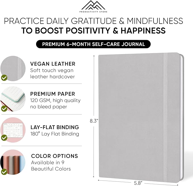 Gratitude Journal & Self Care Journal - Guided Journal, Mindfulness Journal & Mental Health Journal All-In-One - Premium Daily Journal For Women & Men - A5 5.8" x 8.3" - Grey