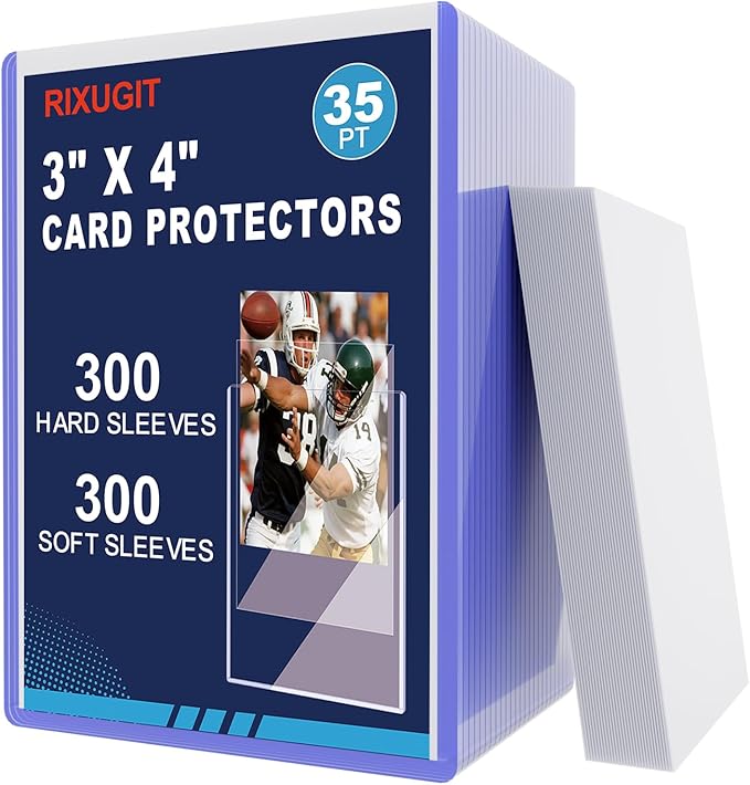 600 Hard Plastic Trading Card Protector - 300 Hard Card Sleeves and 300 Soft Card Sleeves, 35pt Rigid 3"x4" Card Holders, Clear Open-Top Card Sleeve, Fits Standard Trading, Baseball, Sport, Game Cards