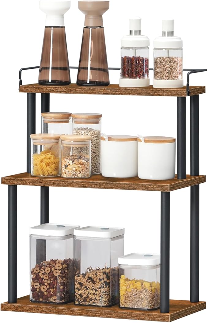 HOOBRO Kitchen Countertop Organizer, Moveable Corner Shelf, Desktop Storage Organizer for Countertop, Office Desk, Living Room, Rustic Brown and Black BF02TL01