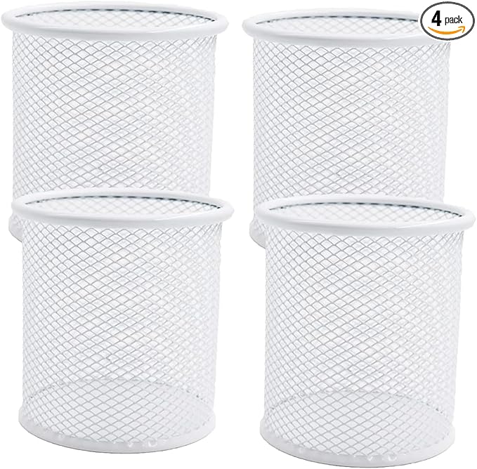 SNOW COOLER Pen Holder Mesh Pencil Holder Metal Pen Holder Cup Pencil Cup Holder for Desk Office Pen Organizer White, 4 Pack